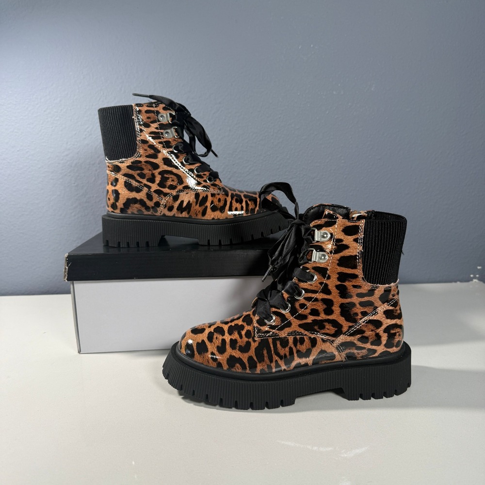DV Dolce Vita Chrystal Leopard Patent Combat Boots Kids Size 3 Ribbon Lace Lug